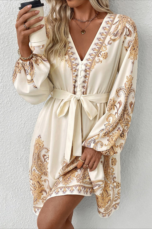 Chic Paisley Print V Neck Ethnic Mini Dress