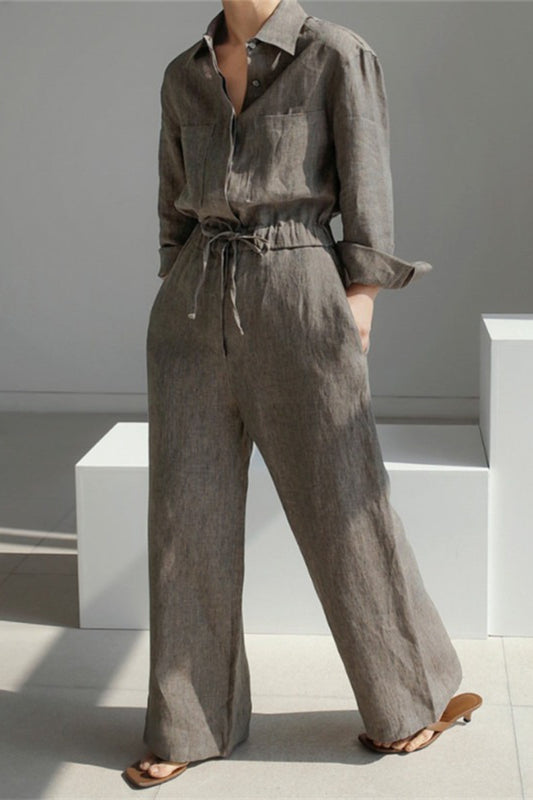 Linen Oversized Wide Leg Slimming Preppy Jumpsuit