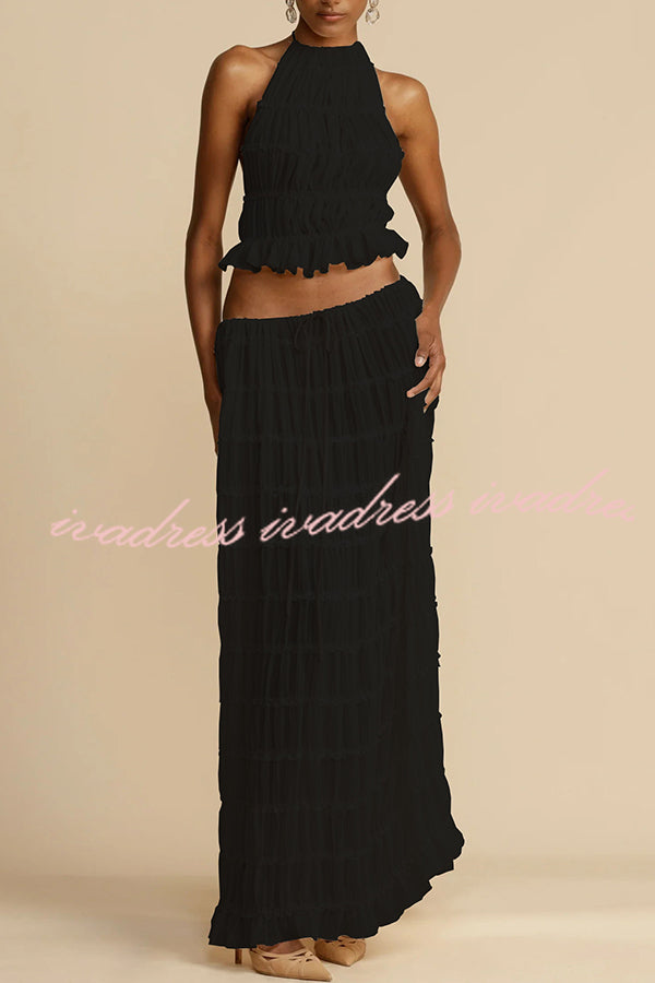 Versatility and Vintage Charm Pleated Drawstring Waist Tiered Maxi Skirt