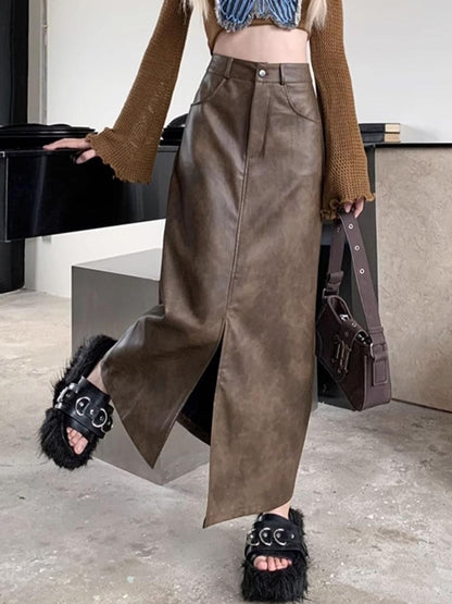 Vintage Brown High Rise Split PU Leather Midi Skirt