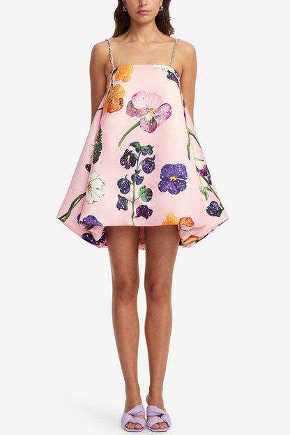 Whimsical Charm Wildflowers Print Embellished Shoulder Straps Bubble Hem A-line Mini Dress