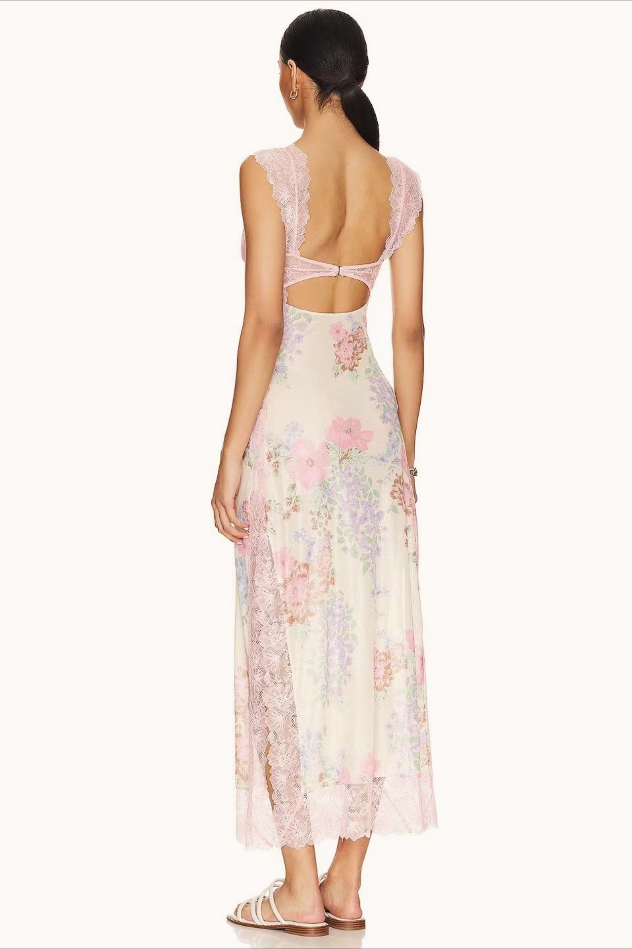 Lace Sweetheart Bodice Cut Out Flutter Sleeve Floral Print Slip Maxi Dress