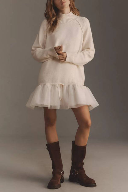 Knit Mock Neck Long Sleeve Tulle Ruffle Hem Twofer Mini Dress