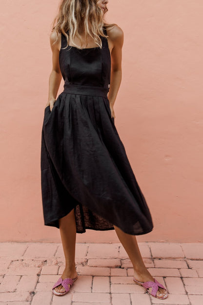 Backless Square Neck Button Side Cut Out A-Line Midi Dress