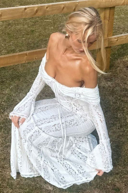 | Off Shoulder Lace Flare Sleeve Fitted Maxi Dress