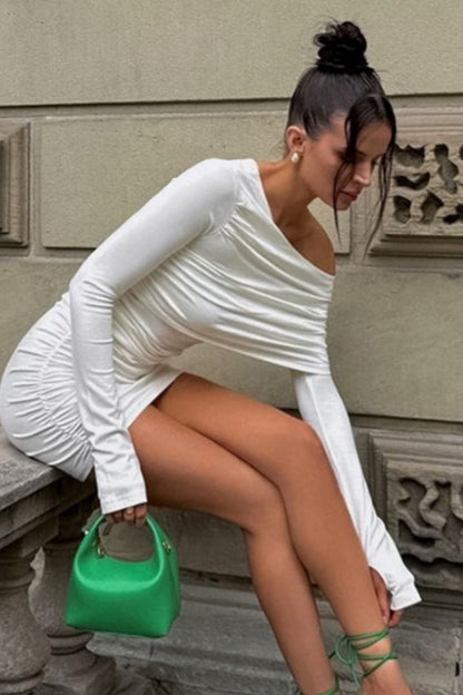 One Shoulder Long Sleeve Side Ruched Bodycon Mini Dress
