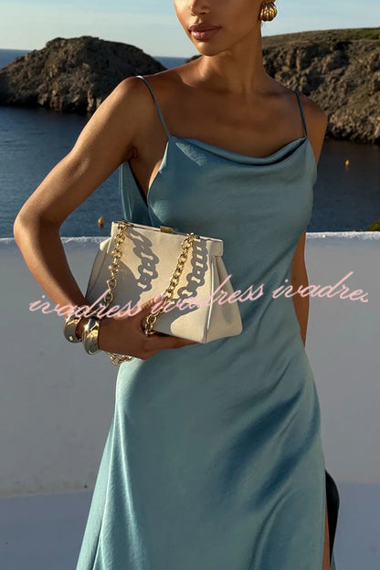 Flowing Elegance Satin Draped Neck Backless Ruffle Slit Maxi Dress