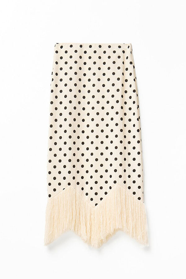 Verrah Linen Blend Polka Dot Print Tassel Trim Elastic Waist Maxi Skirt