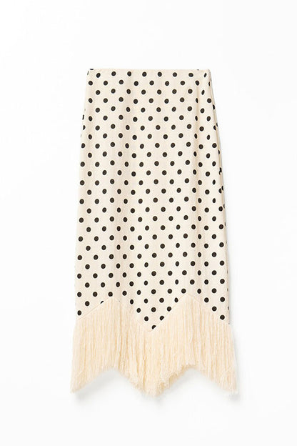 Verrah Linen Blend Polka Dot Print Tassel Trim Elastic Waist Maxi Skirt