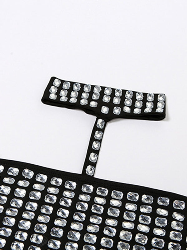 Rhinestone Decor Tie Up Backless Halter Vest