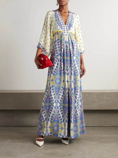 Deep V Neck Bell Sleeve Paisley Mandala Print Empire Waist Maxi Dress