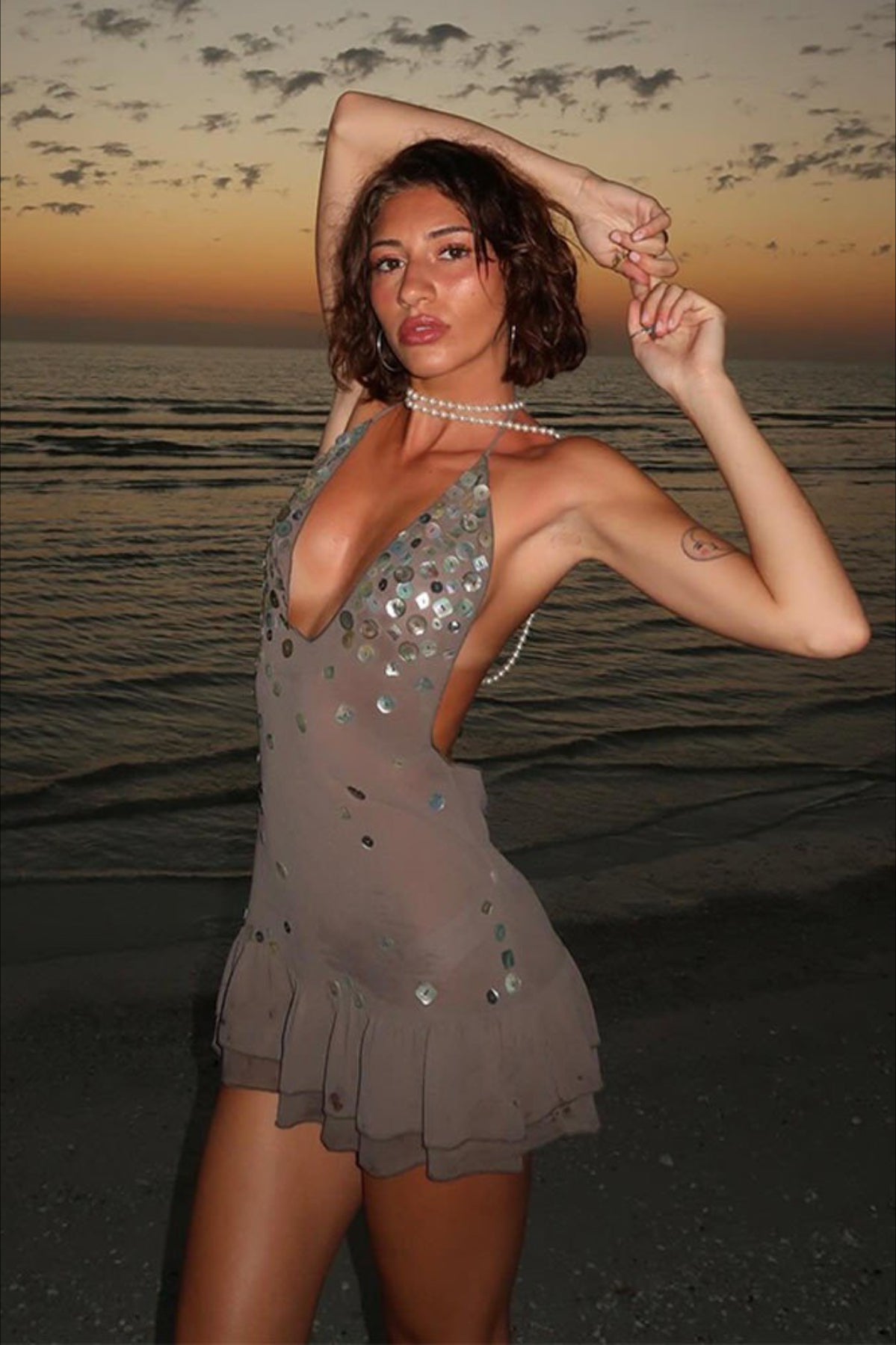 Halter Deep V Neck Mother of Pearl Button Tiered Ruffle Mini Dress