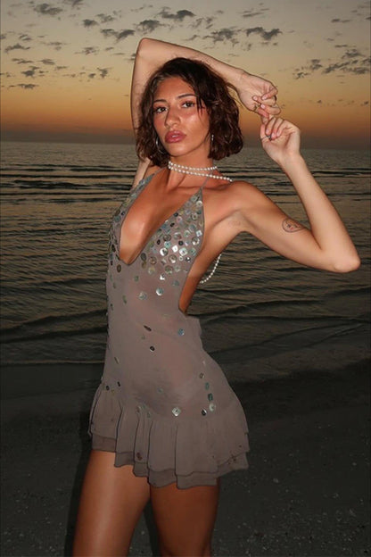 Halter Deep V Neck Mother of Pearl Button Tiered Ruffle Mini Dress