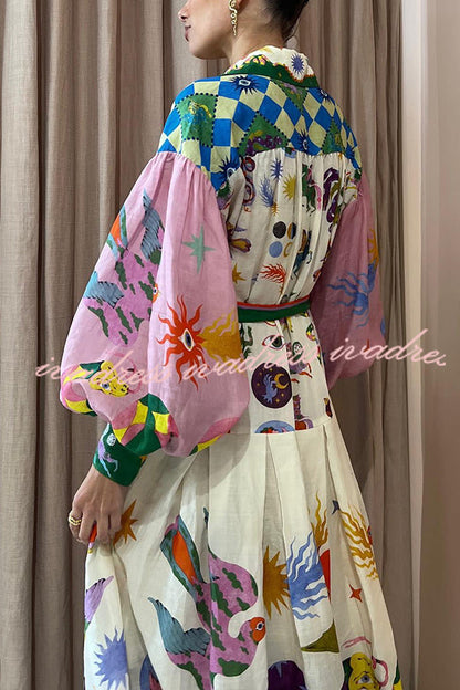 Effortless and Playful Print Balloon Sleeve Shirt Midi Dress