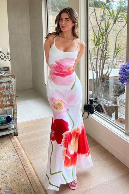 Scoop Neck Spaghetti Strap Oversized Poppy Floral Print Maxi Dress