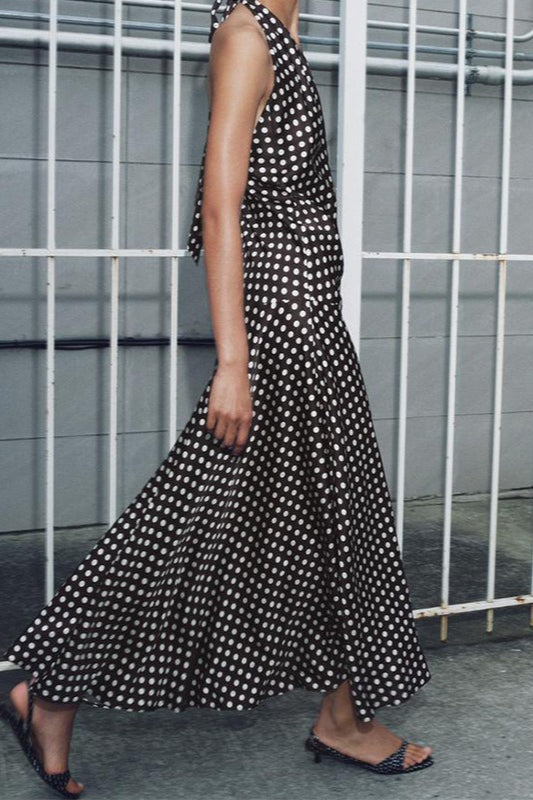 Polka Dot Halter Neck Deep V-Neck Column Maxi Dress
