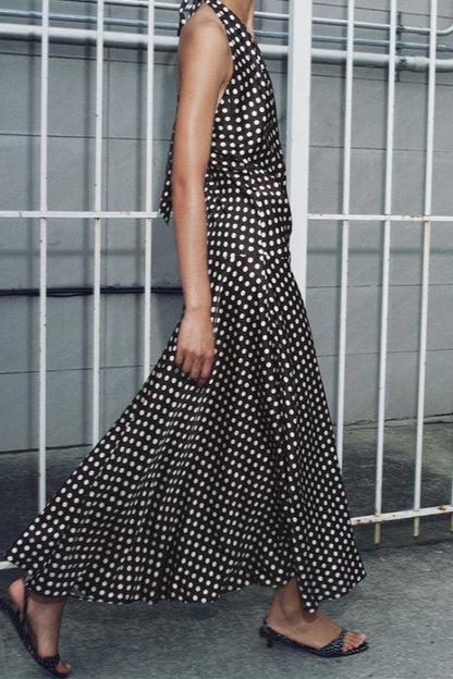 Polka Dot Halter Neck Deep V-Neck Column Maxi Dress