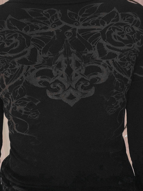 Rhinestone Floral Print Oversized Long Sleeve Tee