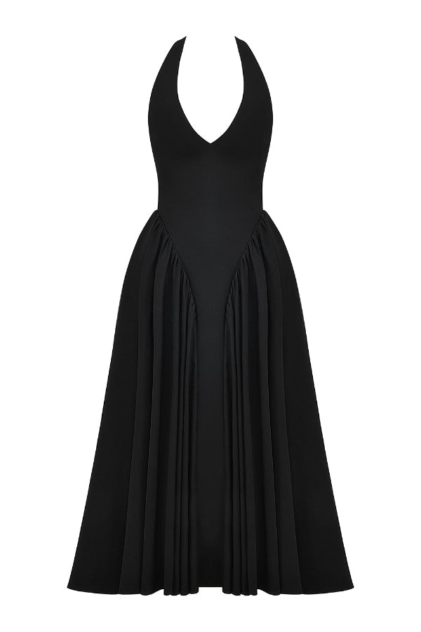 Deep V-Neck Halter Pointed Bodice Fit-and-Flare Midi Dress