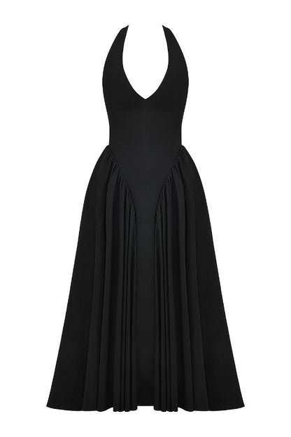 Deep V-Neck Halter Pointed Bodice Fit-and-Flare Midi Dress