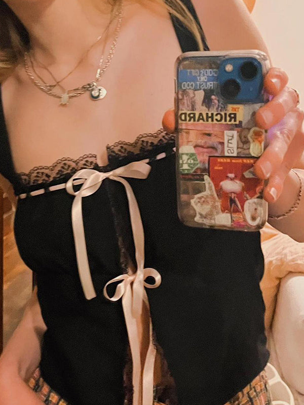 Lace Trim Slit Tie Front Tank Top