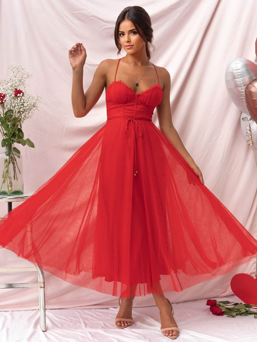 Corset Midi Dress Spaghetti Straps Shirred Lace-up Tulle Skirt Dresses
