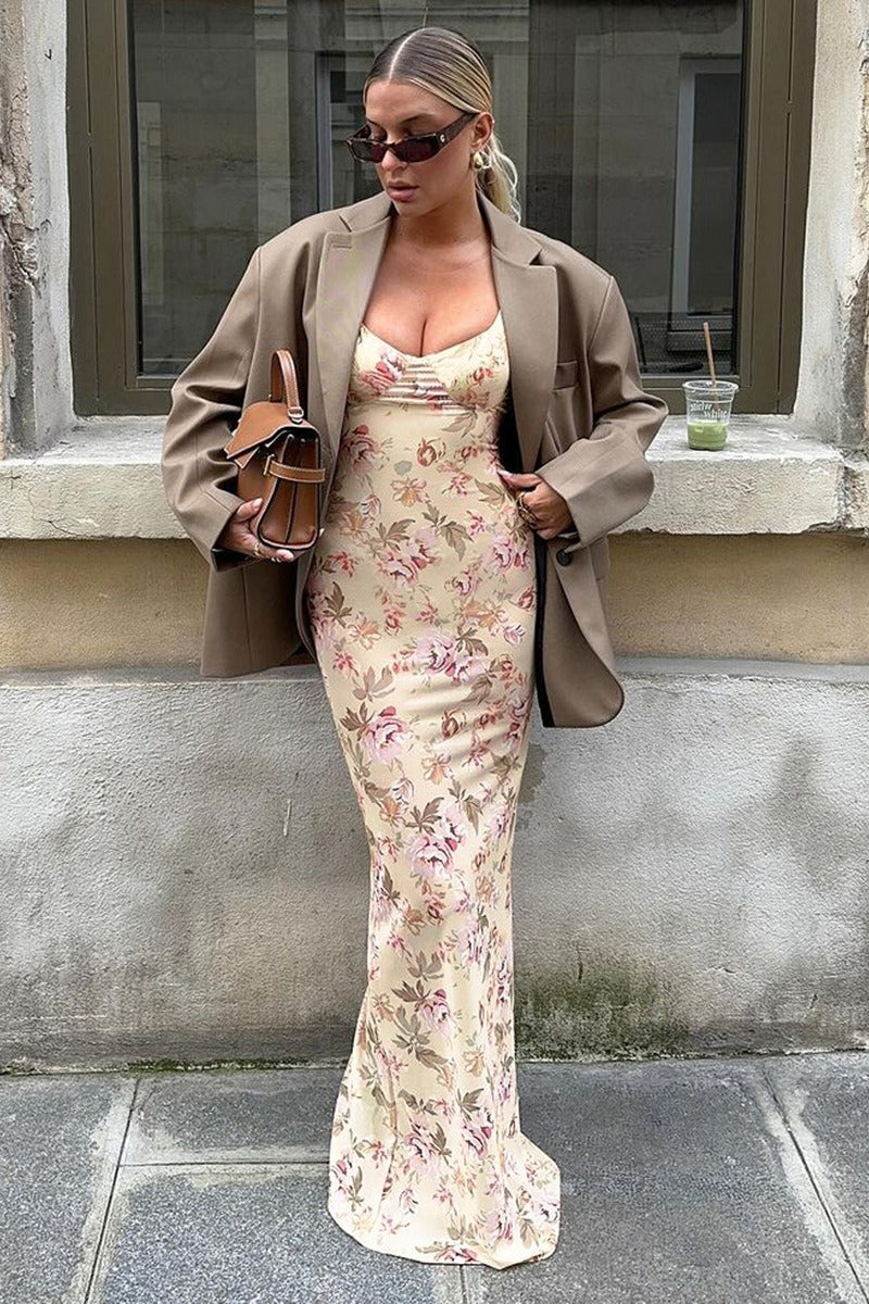 | Low Cut U-Neck Floral Print Slit Cami Maxi Dress