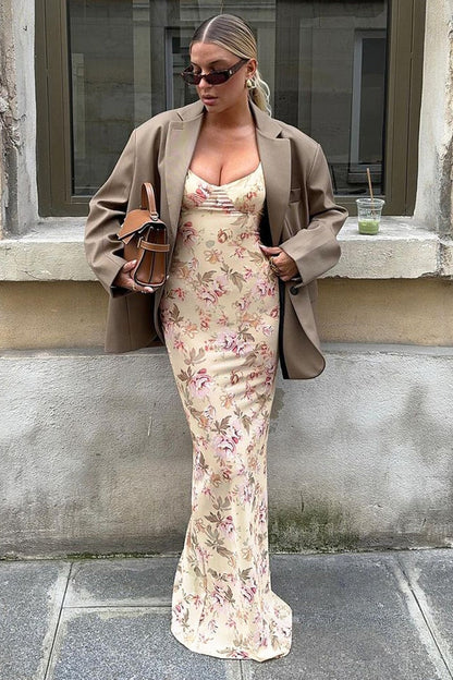| Low Cut U-Neck Floral Print Slit Cami Maxi Dress