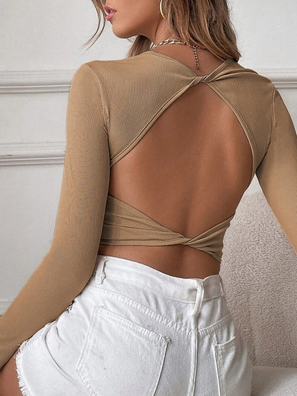 Solid Cutout Backless Twist Back Long Sleeve Knit
