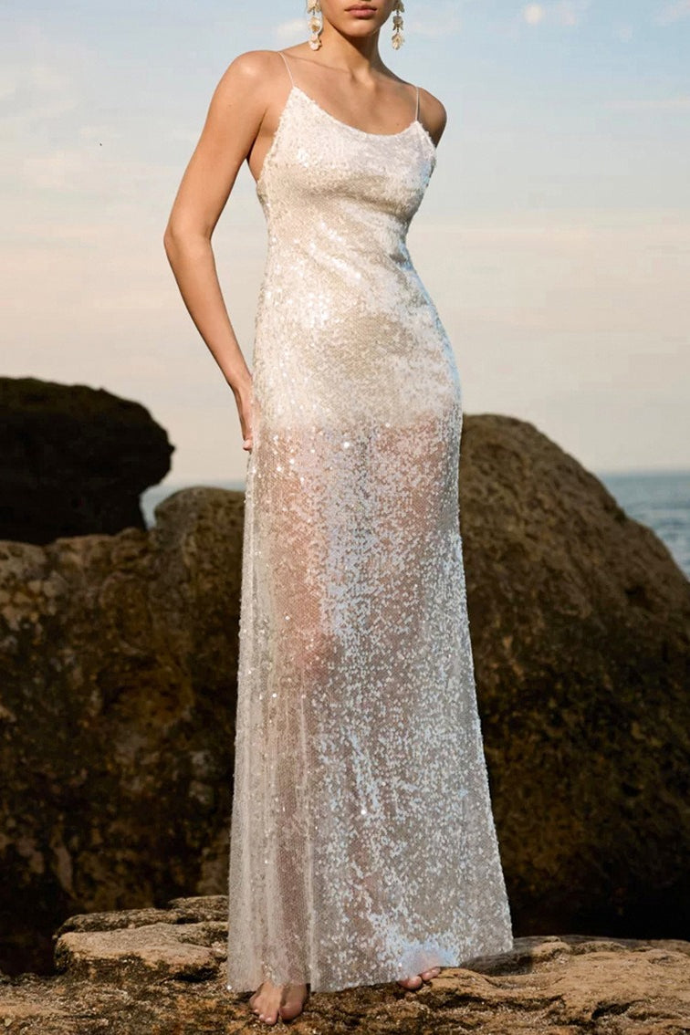| Solid Patchwork Sheer Backless Maxi Dress