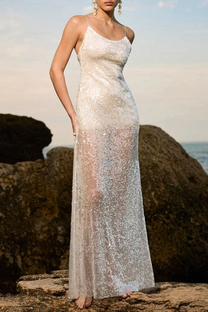 | Solid Patchwork Sheer Backless Maxi Dress