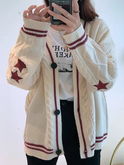 Oversize Star Embroidered Cable Knit Cardigan