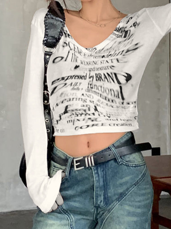 Blurred Letter Print V Neck Long Sleeve Tee