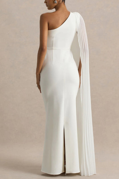 Solid Color Slanted Neckline Pleated Slim-fitting Elegant Maxi Dress