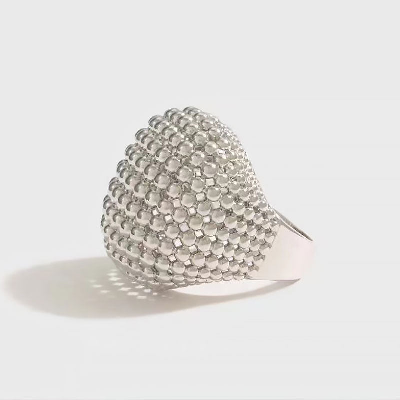 19C Metallic Rhodium Plated Textured Half Mesh Sphere Ring