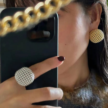 19C Metallic Rhodium Plated Textured Half Mesh Sphere Ring