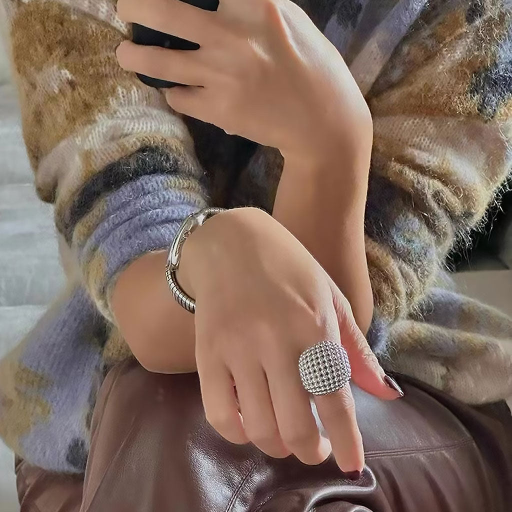 19C Metallic Rhodium Plated Textured Half Mesh Sphere Ring