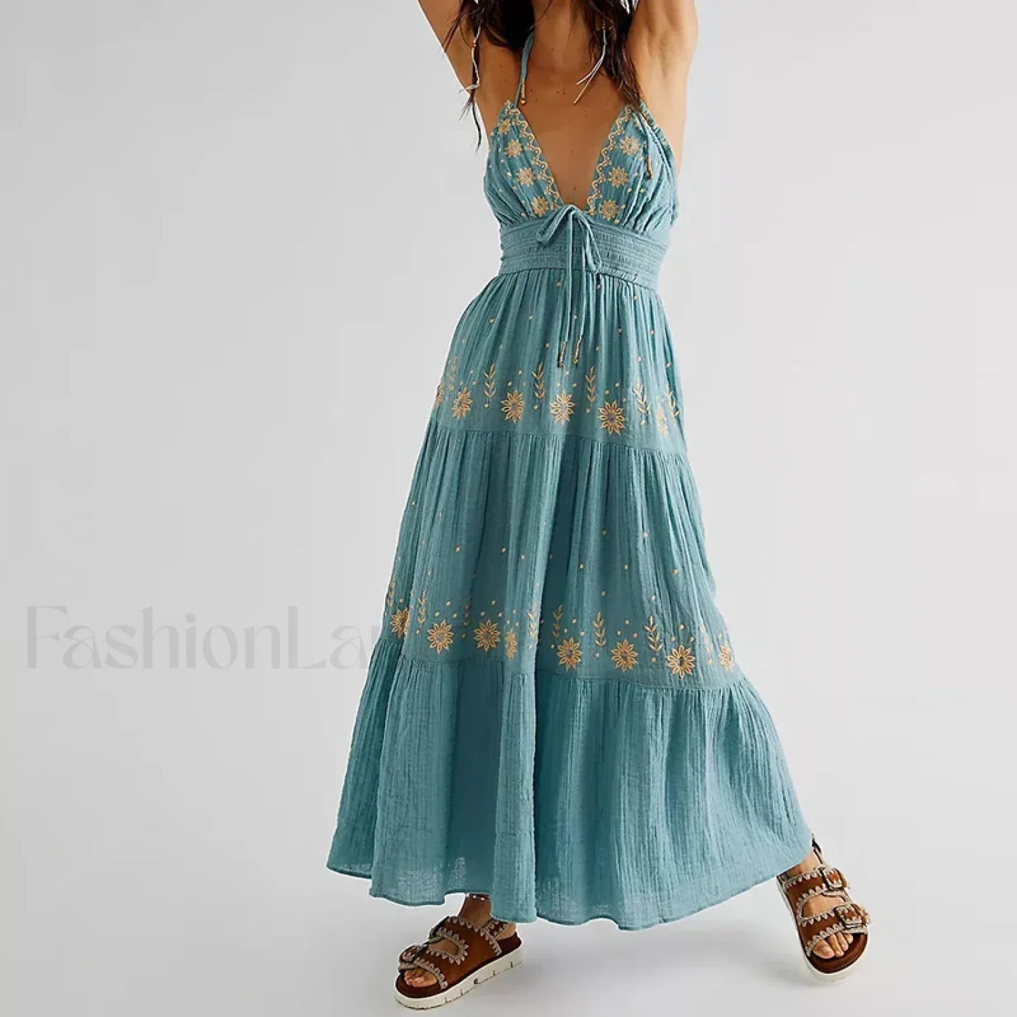 Backless Halter Embroidery Boho Dress