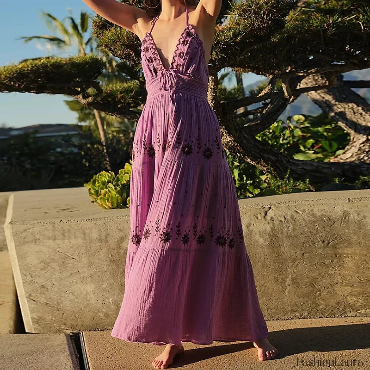Backless Halter Embroidery Boho Dress