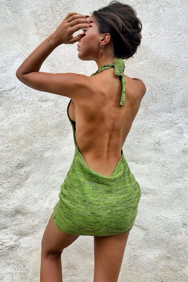 Rib Knit Halter Neck Backless Mini Dress