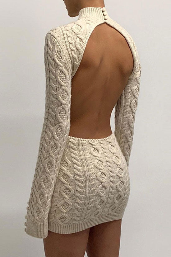 Cable Knit Mock Neck Keyhole Back Button Cuff Bodycon Mini Sweater Dress