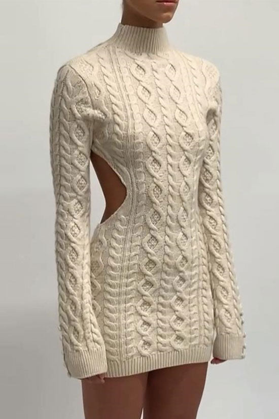Cable Knit Mock Neck Keyhole Back Button Cuff Bodycon Mini Sweater Dress