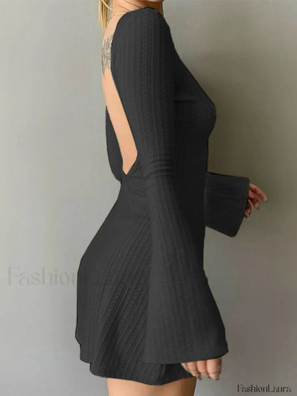 Backless Knitted Long Sleeve Mini Dress