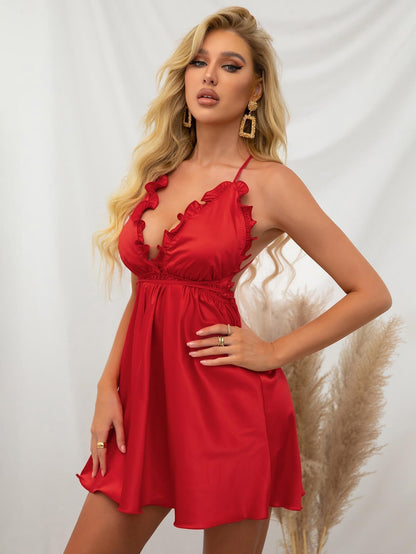 Satin Halter Neck Ruffle Trim Empire Waist Babydoll Mini Dress
