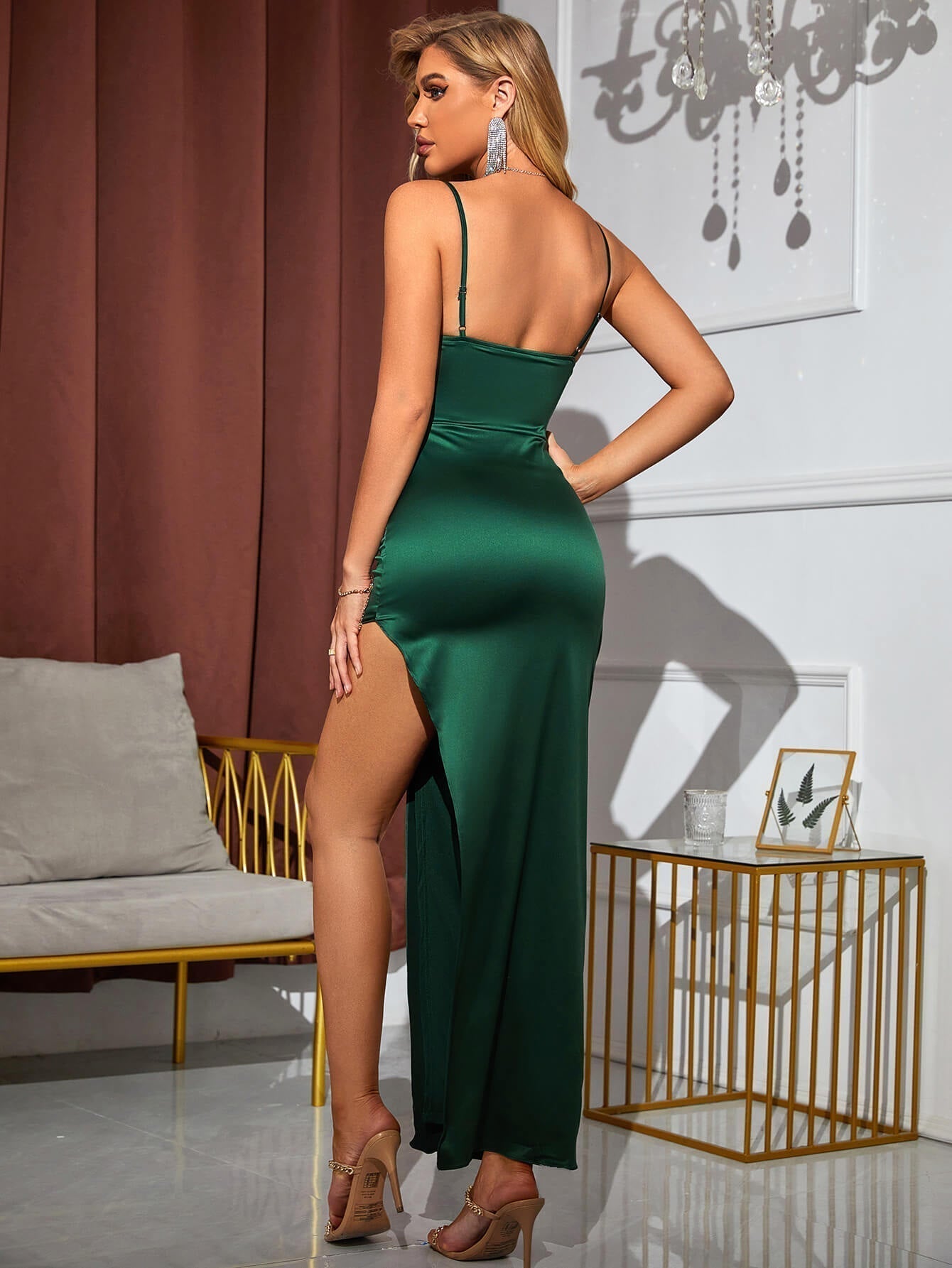 Cowl Neck Spaghetti Strap Satin High Split Bodycon Maxi Dress