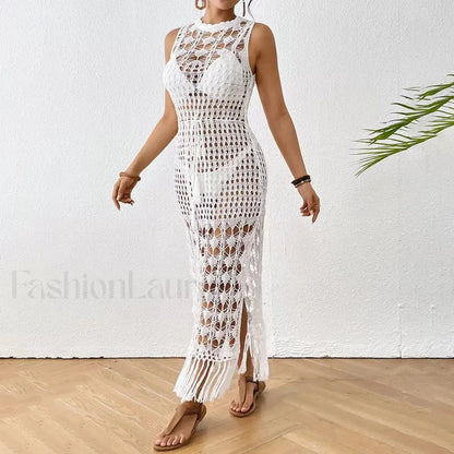 Backless Tassel Solid Dress Cover Up