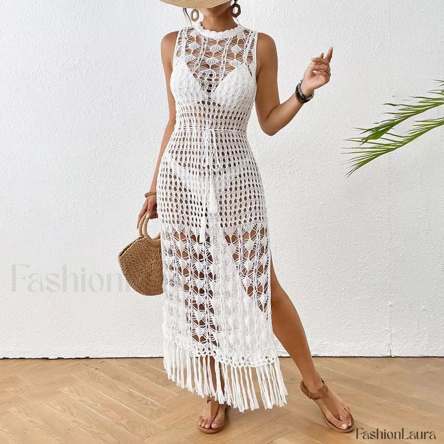 Backless Tassel Solid Dress Cover Up