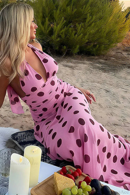 | Backless Tie Waist Maxi Dress in Polka Dot