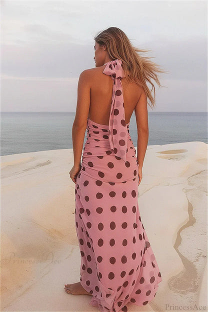 | Backless Tie Waist Maxi Dress in Polka Dot