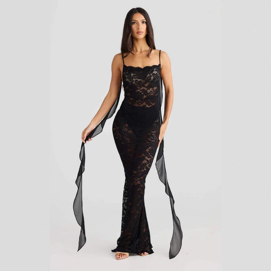 Backless lace maxi dress with ribbon straps for women